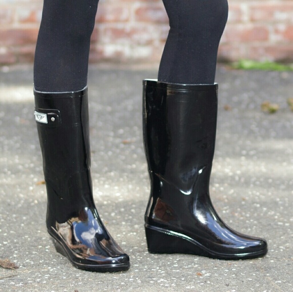 Women's Rainboots, Tall Wedge Rain Boots, RB-3100, Black - Picture 4 of 4